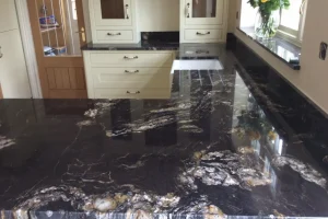 014-1920w black granite countertop with white sink and off-white cabinet