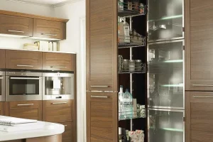 acc-kitchen3-1920w pullout kitchen pantry with combination of wooden and glass doors and stainless steel shelves